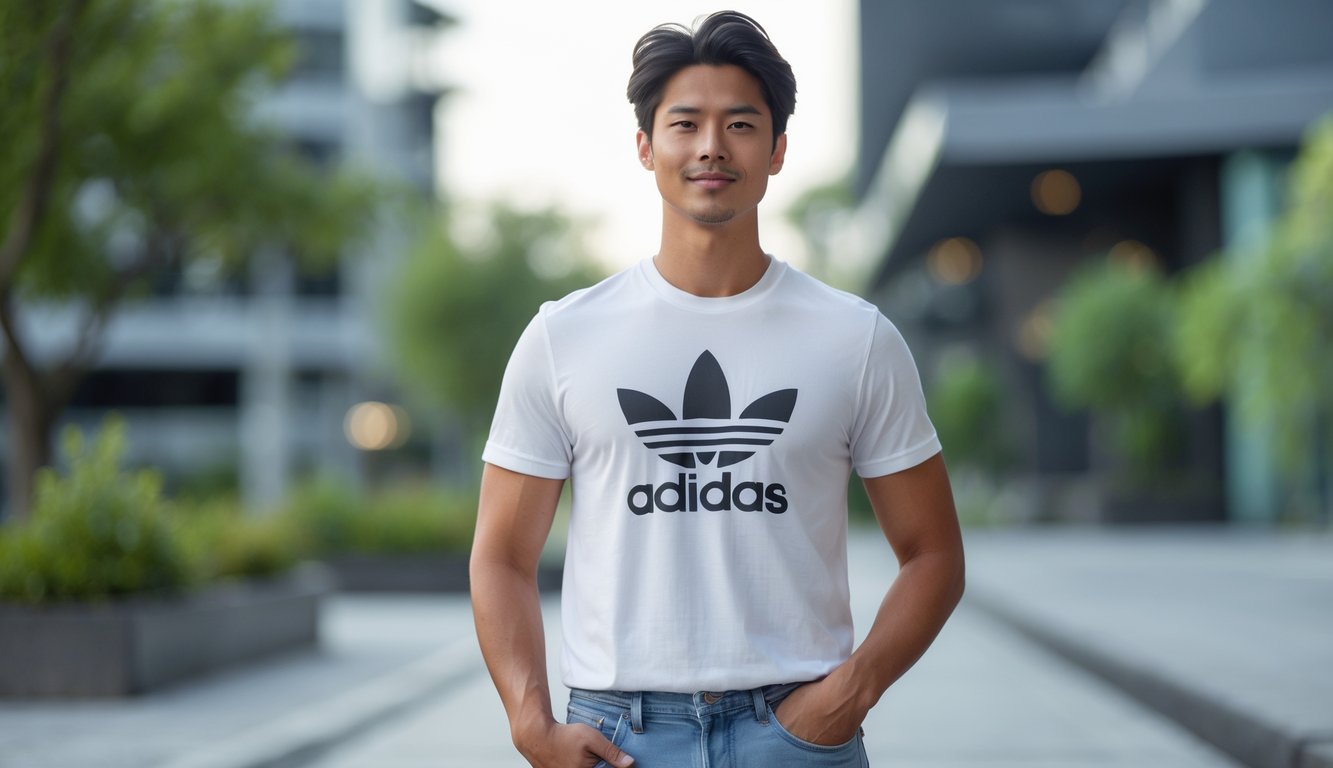 Seorang dewasa muda mengenakan kaos Adidas santai berdiri di luar ruangan dengan latar belakang kota dan tanaman.