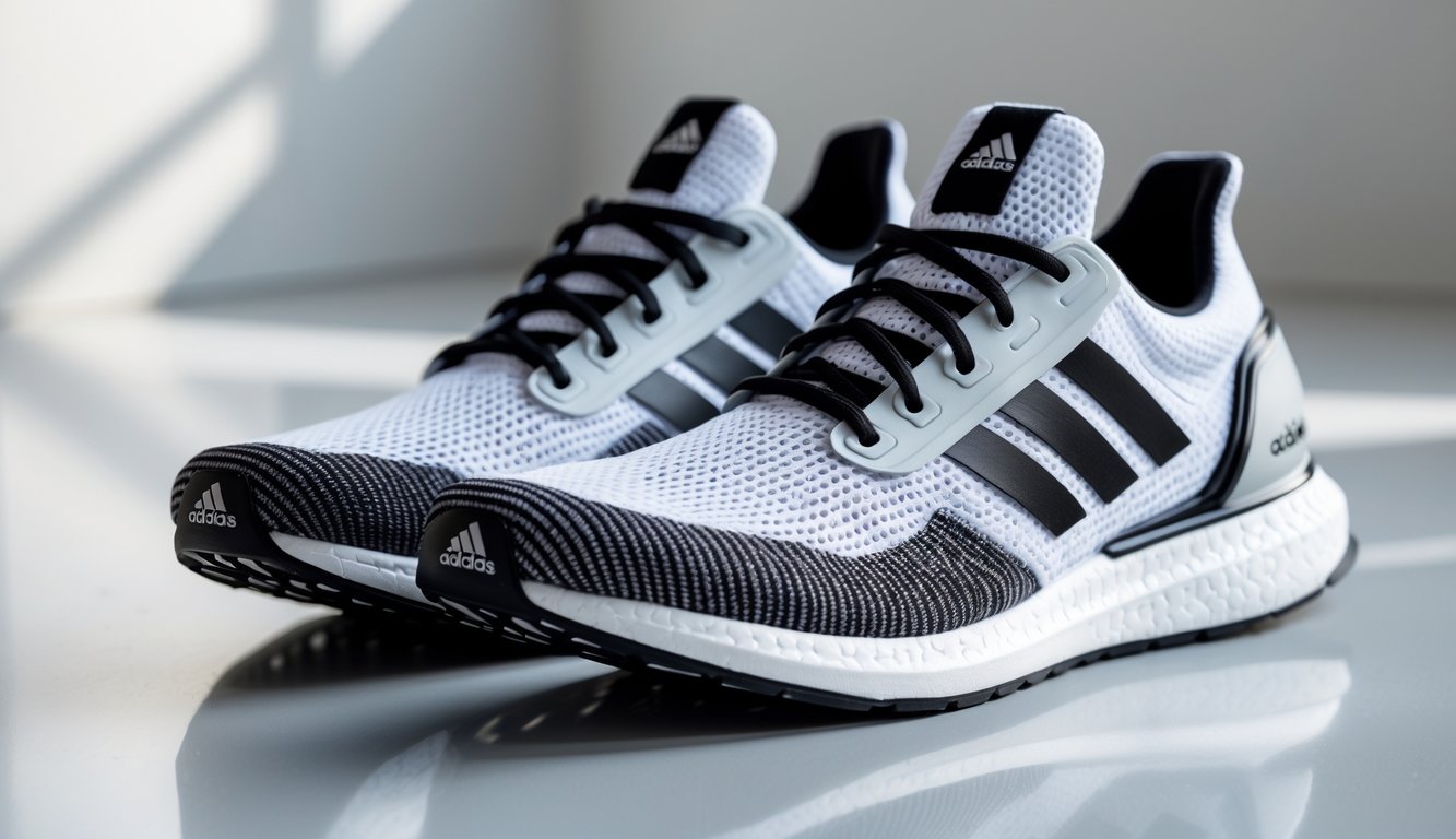 Sepasang sepatu lari Adidas berwarna putih dan abu-abu dengan garis hitam, diletakkan di atas permukaan putih bersih.