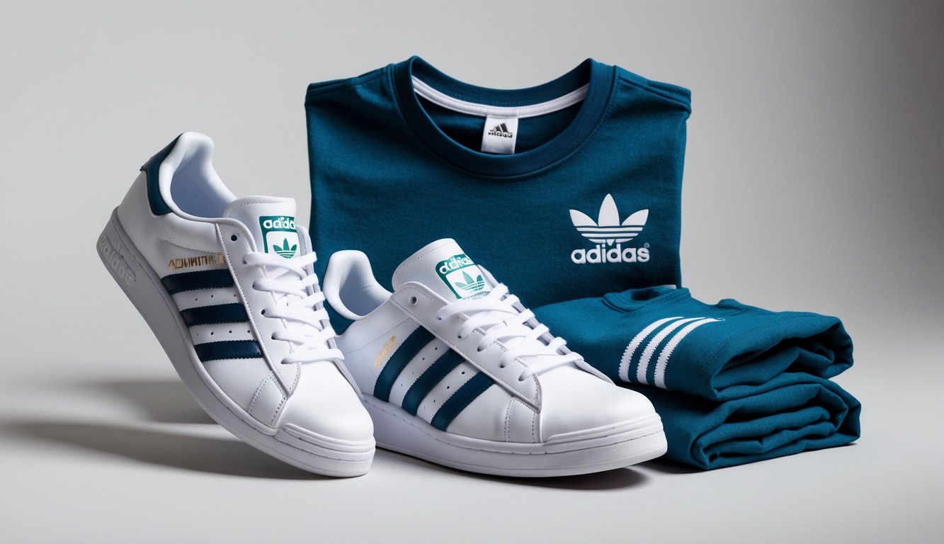 Sepasang sepatu Adidas dan kaos Adidas yang tersusun rapi di atas latar belakang netral.