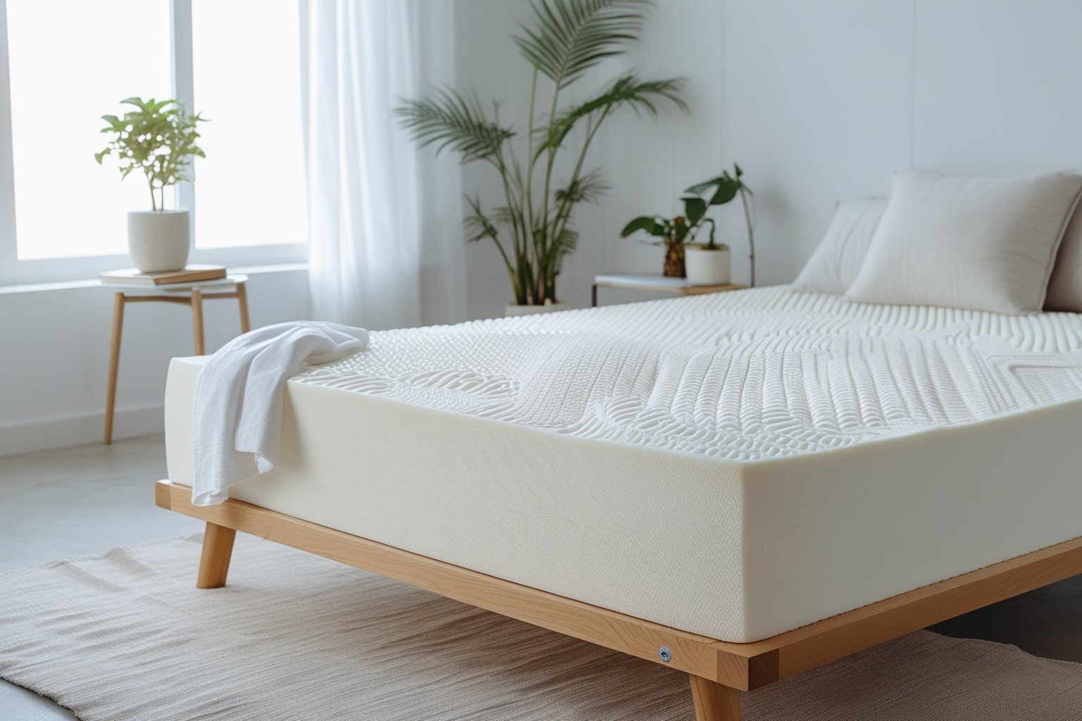 A memory foam mattress on a wooden bed frame with white linens in a bright bedroom with natural light.