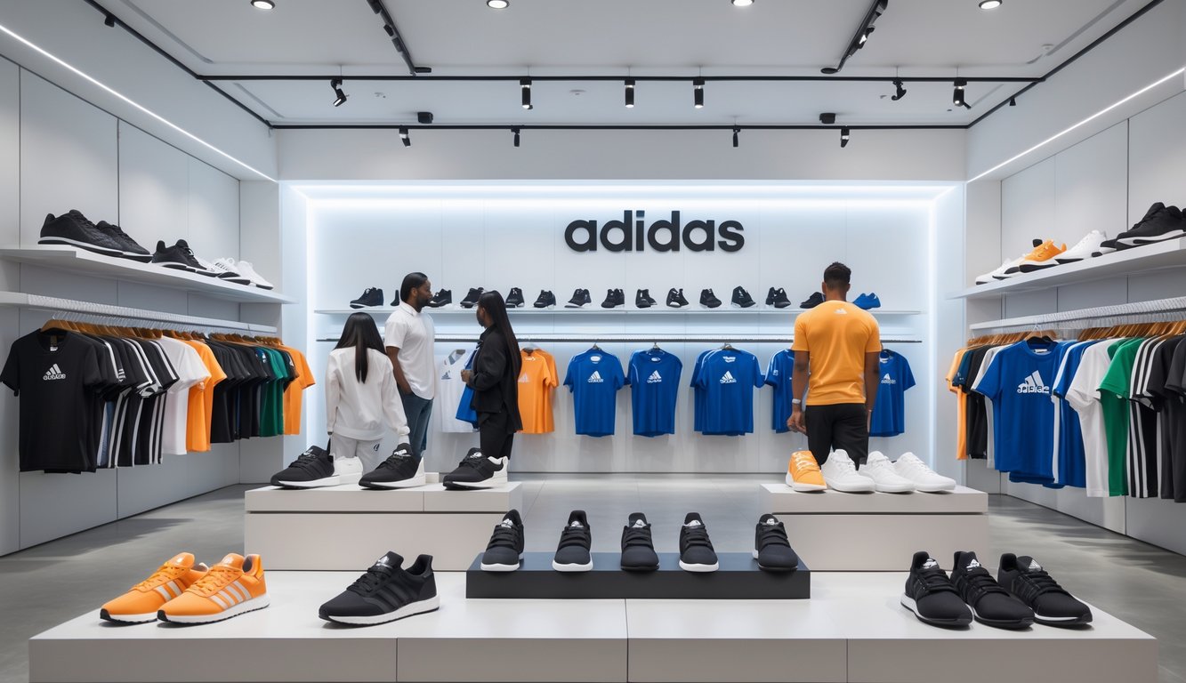 Interior toko Adidas resmi dengan sepatu dan kaos yang tertata rapi di rak dan pelanggan sedang melihat-lihat produk.