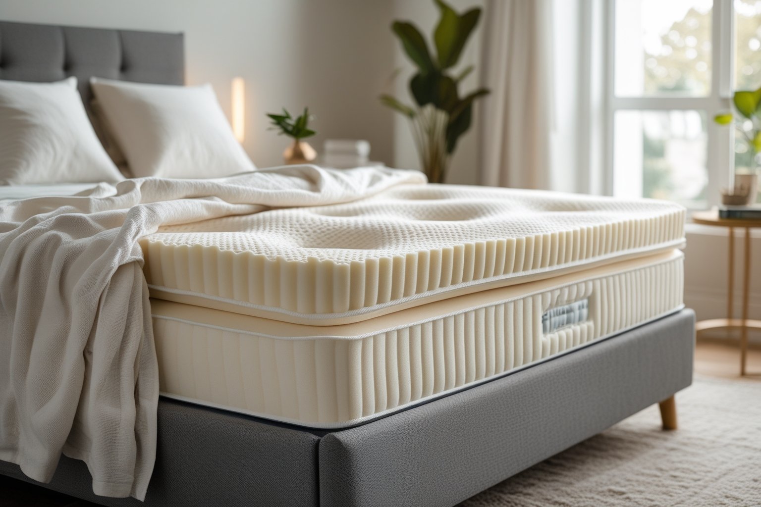 A neatly made bed with a memory foam mattress in a bright, modern bedroom with natural light and simple decor.