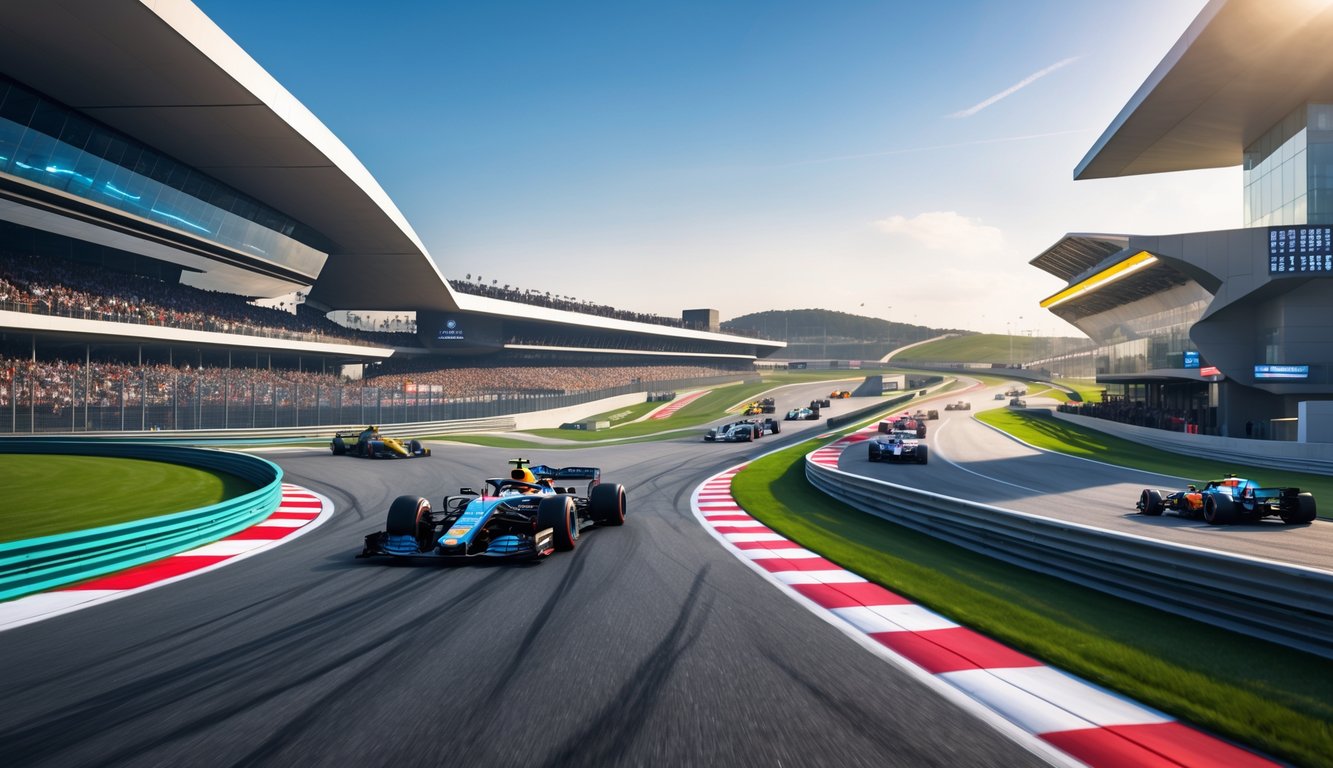 Sirkuit balap Formula 1 modern dengan trek aspal halus, tribun penonton penuh, dan mobil balap yang melaju cepat di bawah langit cerah.