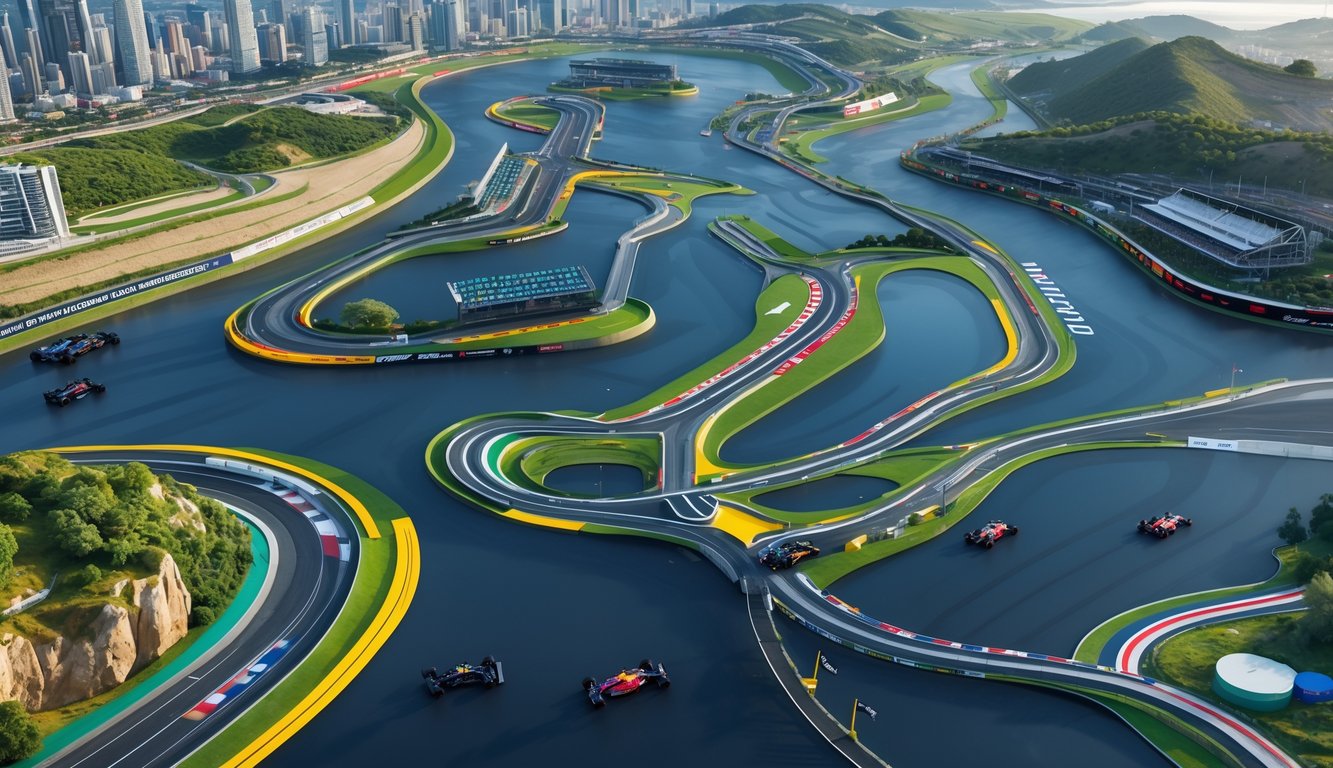 Pemandangan udara beberapa sirkuit balap Formula 1 yang terkenal dengan lintasan berliku dan tribun penonton.