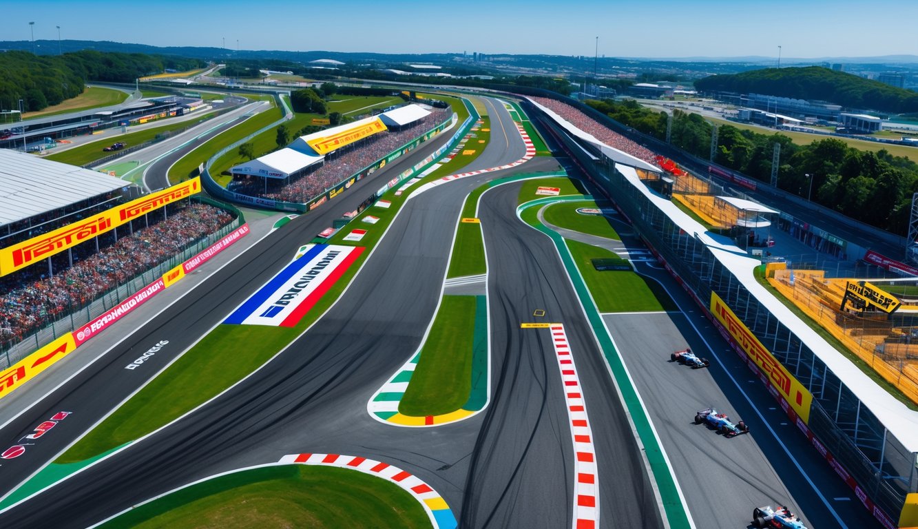 Pemandangan udara sirkuit balapan Formula 1 dengan tribun penonton dan lintasan balap pada hari cerah.