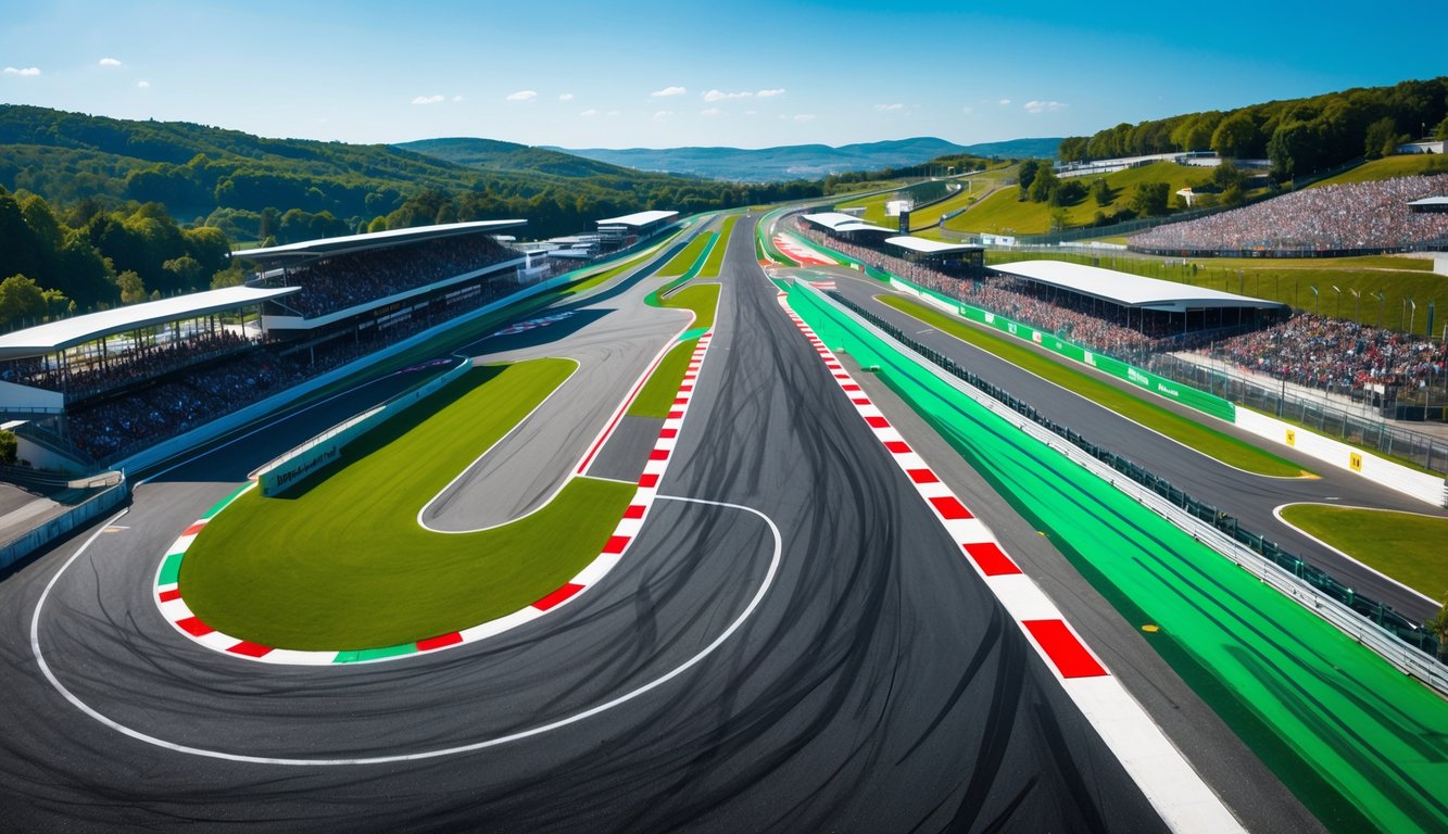 Pemandangan udara sirkuit resmi Formula 1 musim 2025 dengan lintasan balap, tribun penonton, dan pemandangan alam di sekitarnya.