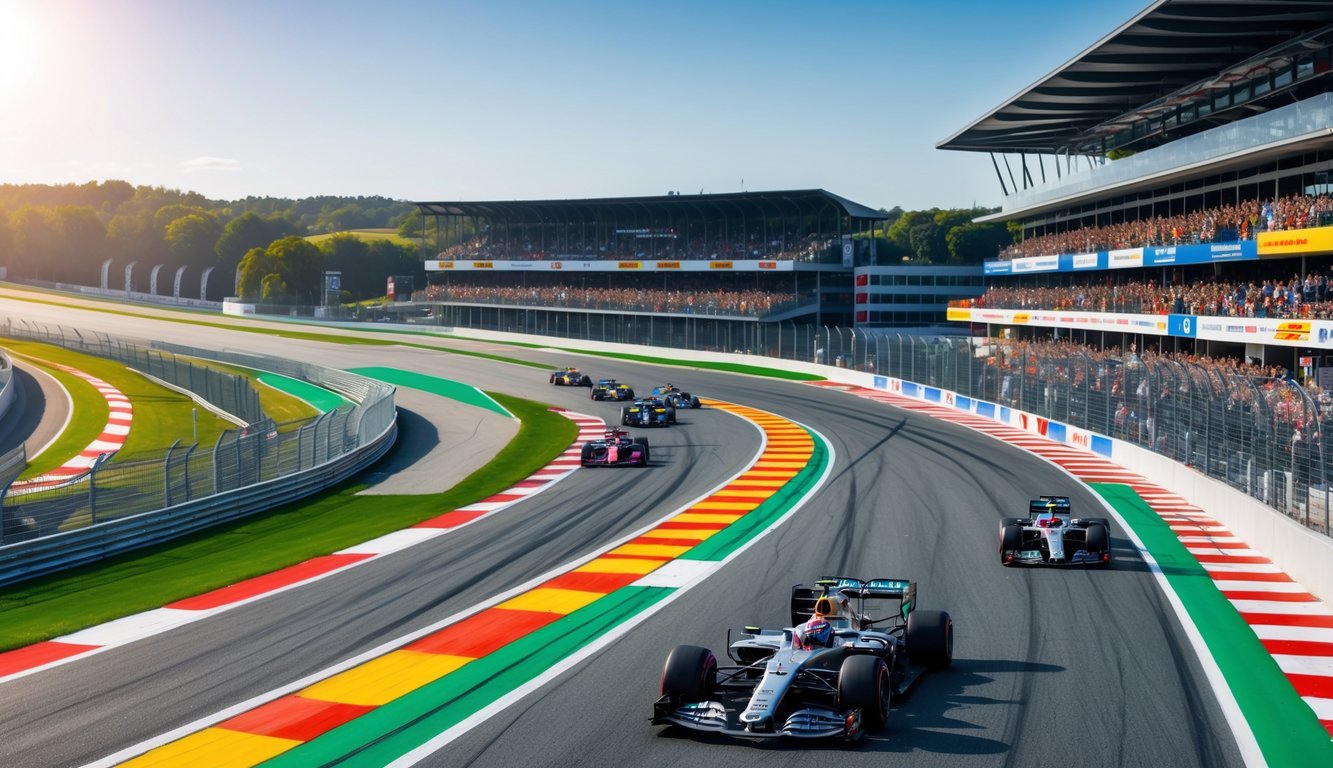 Pemandangan sirkuit balap F1 terbaru dengan mobil balap melaju cepat dan penonton di tribun.