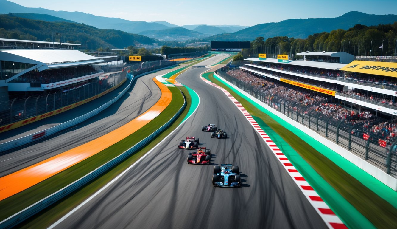 Pemandangan udara sirkuit Formula 1 paling ikonik tahun 2025 dengan mobil balap melaju di lintasan dan penonton di tribun.