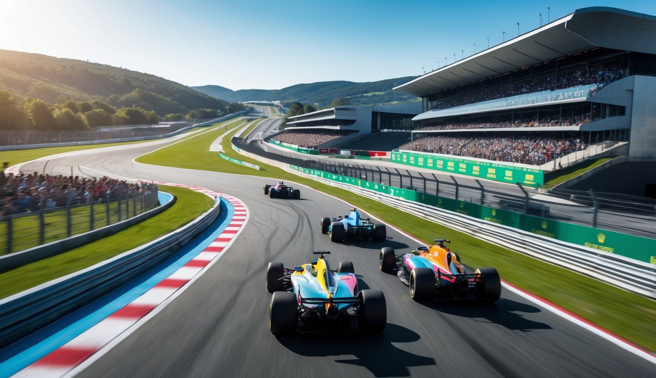 Sirkuit Formula 1 Eropa dengan mobil balap melaju cepat di tikungan, tribun penonton penuh, dan pemandangan alam hijau di sekitarnya.