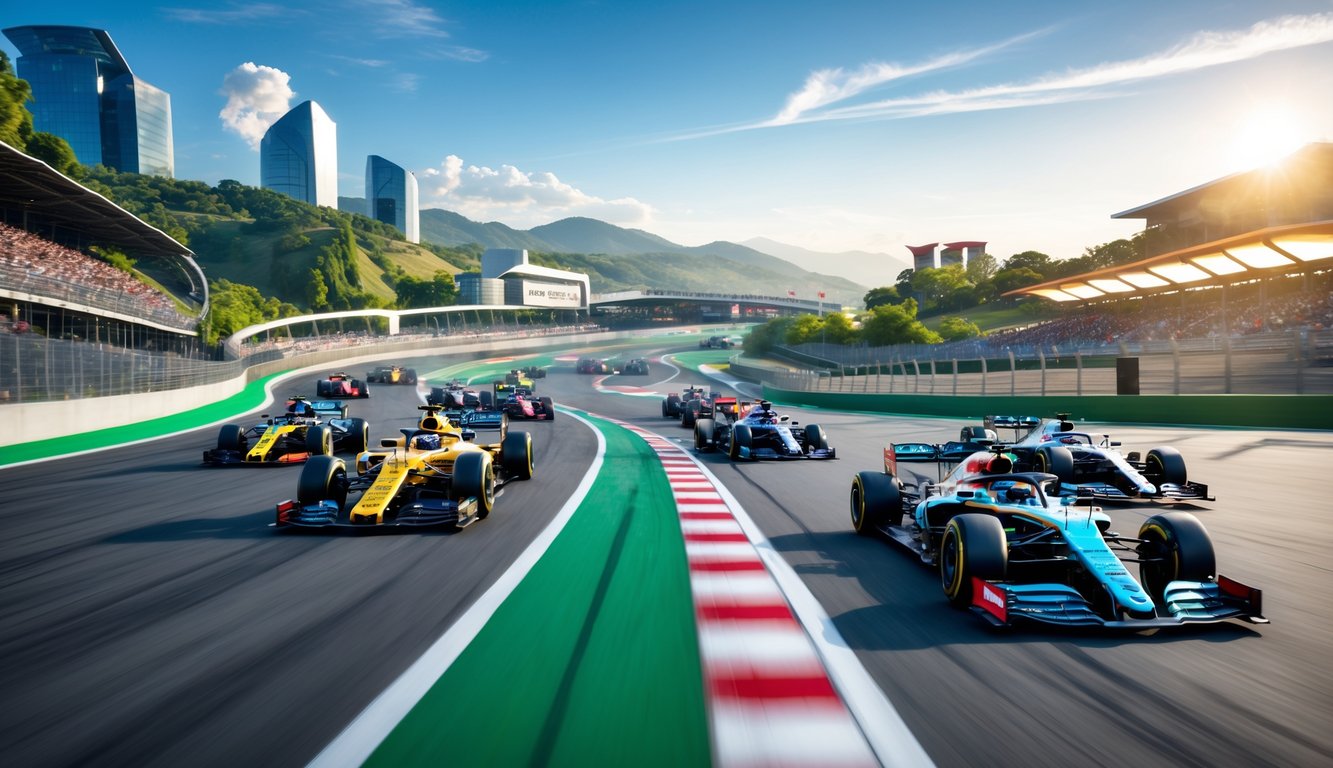 Foto sirkuit Formula 1 Asia 2025 dengan mobil balap melaju di lintasan dan penonton di tribun.