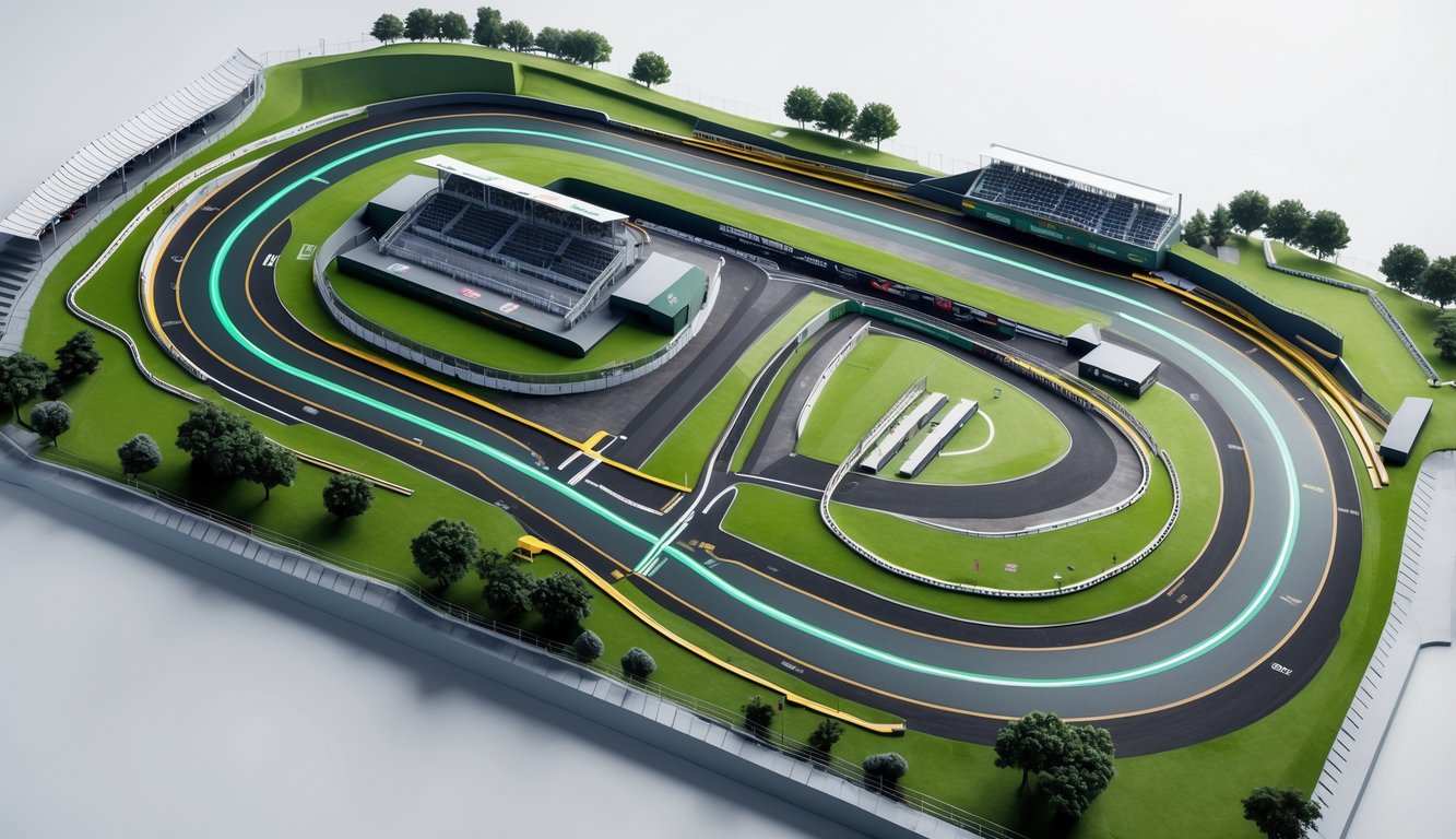 Peta dan layout sirkuit balap Formula 1 tahun 2025 dengan lintasan, tikungan, dan area pit yang terlihat dari atas.