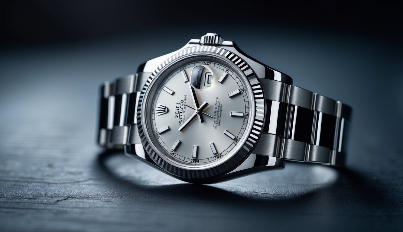 Jam tangan Rolex mewah dengan desain elegan terletak di atas permukaan gelap.