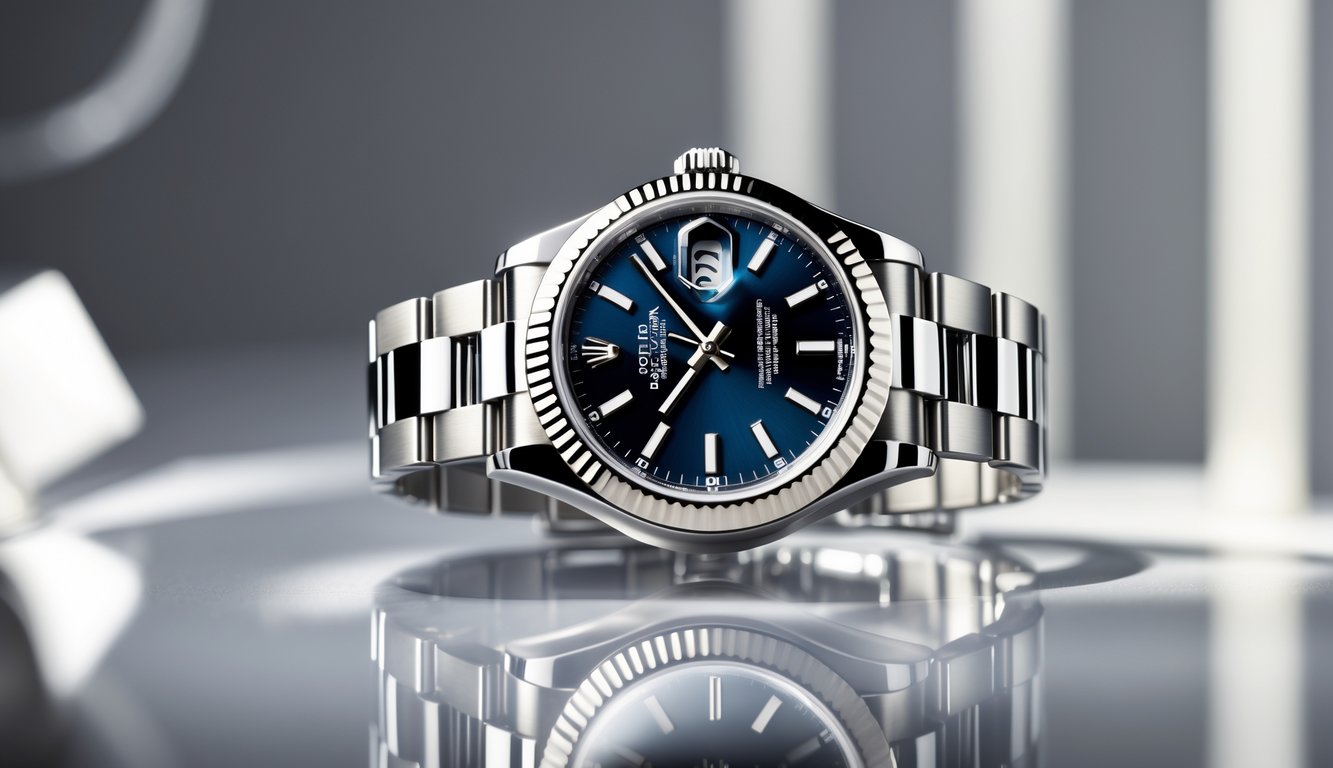 Sebuah jam tangan Rolex asli yang mewah dan elegan dengan desain detail, dipajang dengan latar belakang sederhana.