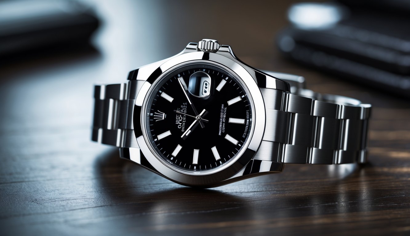 Jam tangan Rolex mewah pria diletakkan di atas permukaan kayu gelap.