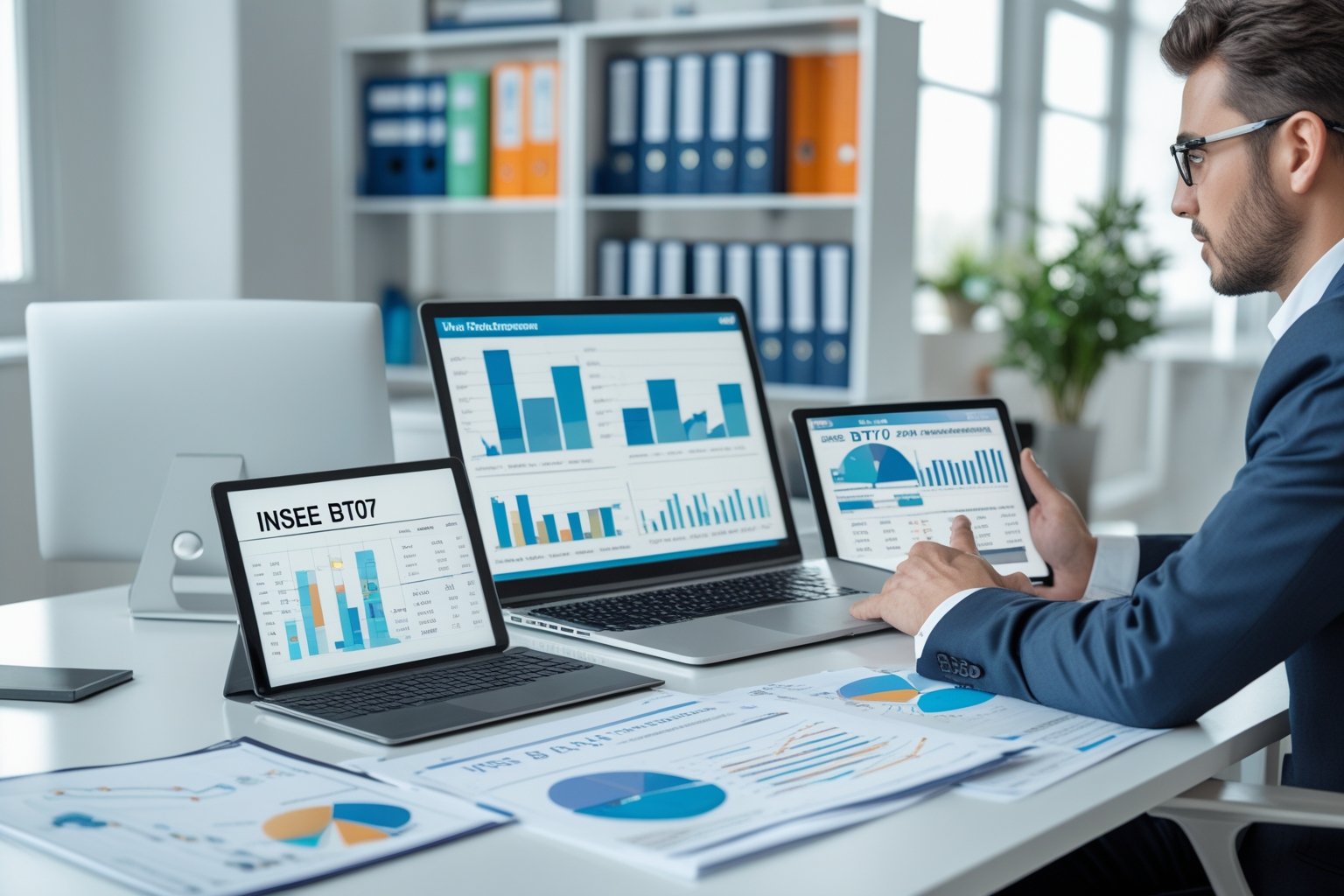 Un professionnel travaillant à un bureau moderne avec un ordinateur et des documents affichant des graphiques financiers liés aux marchés publics.