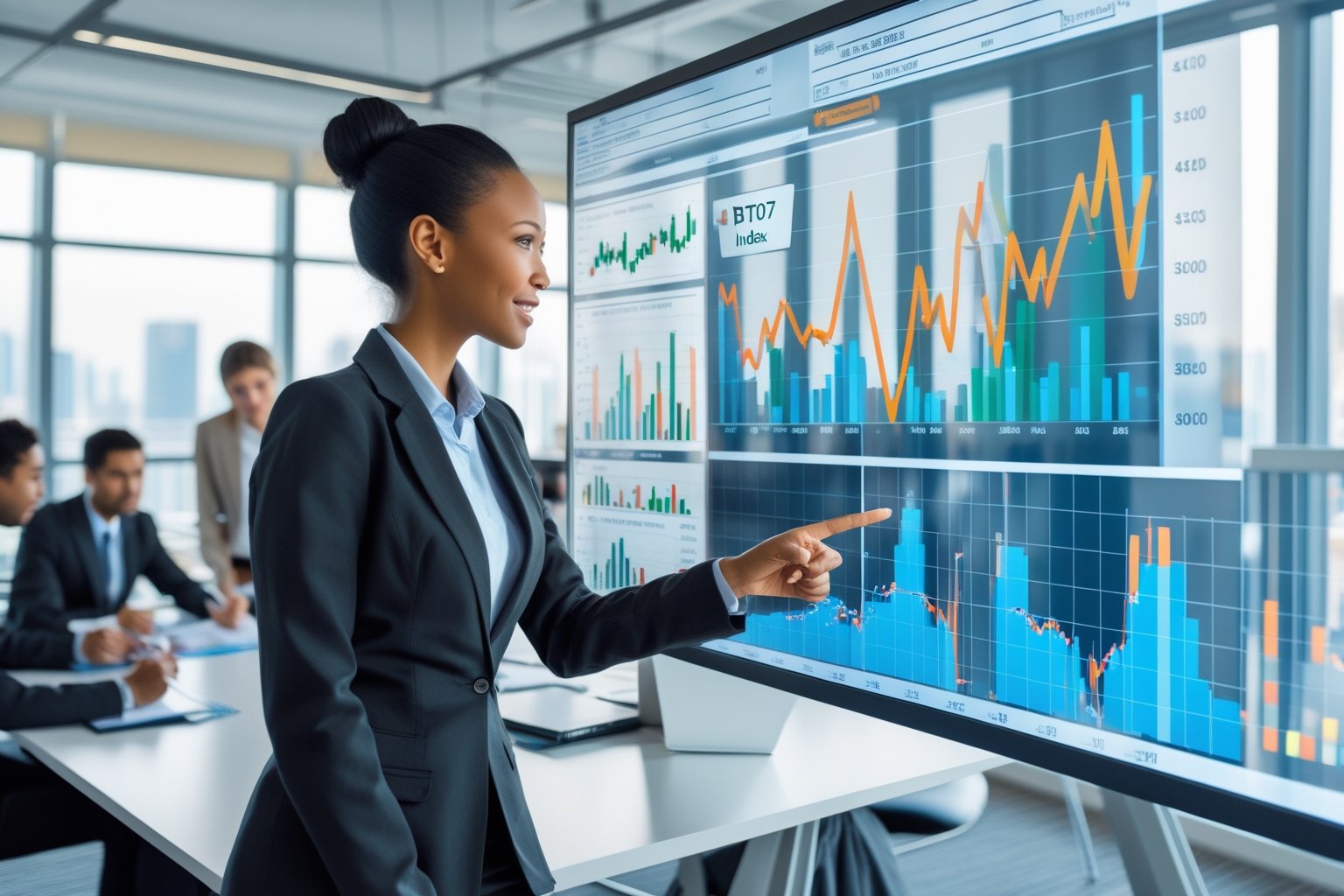 Des professionnels en réunion dans un bureau moderne analysant des graphiques économiques sur un écran digital.