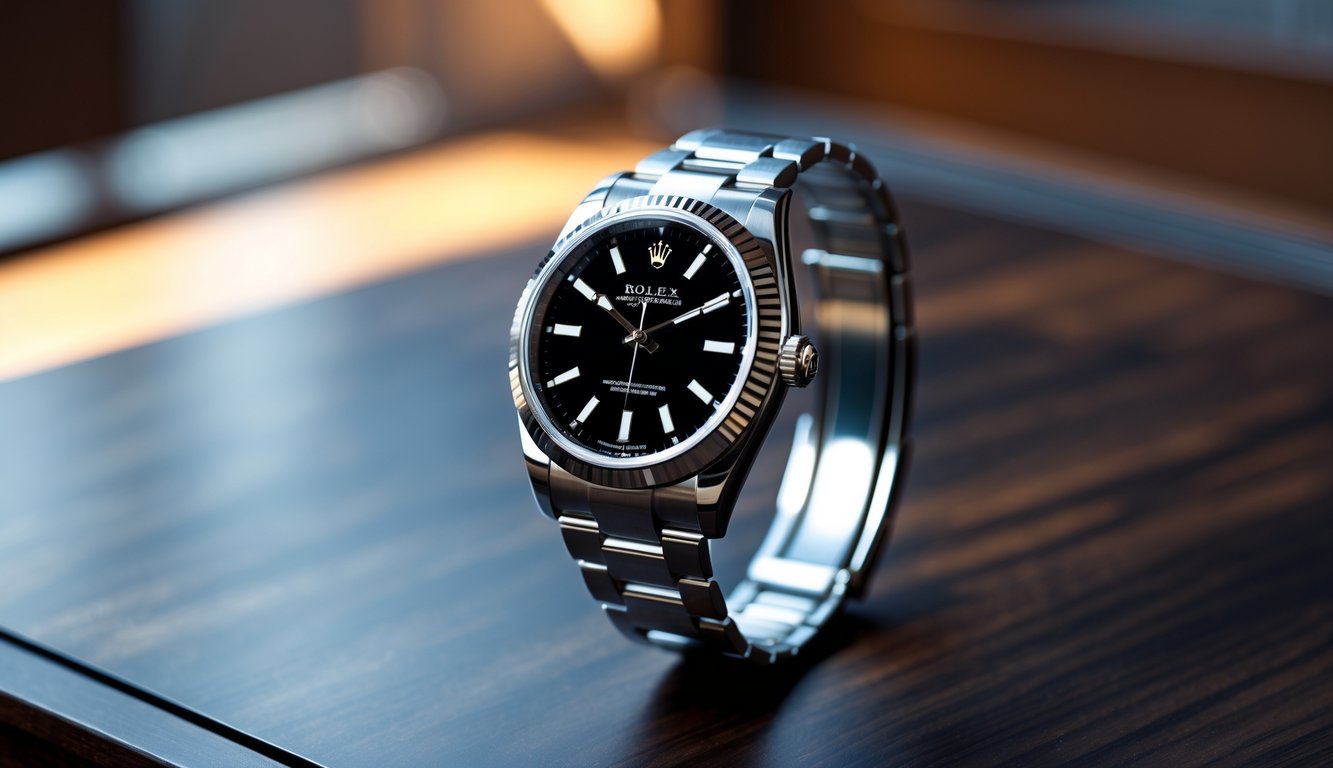 Jam tangan Rolex elegan diletakkan di atas permukaan kayu gelap dengan latar belakang buram.