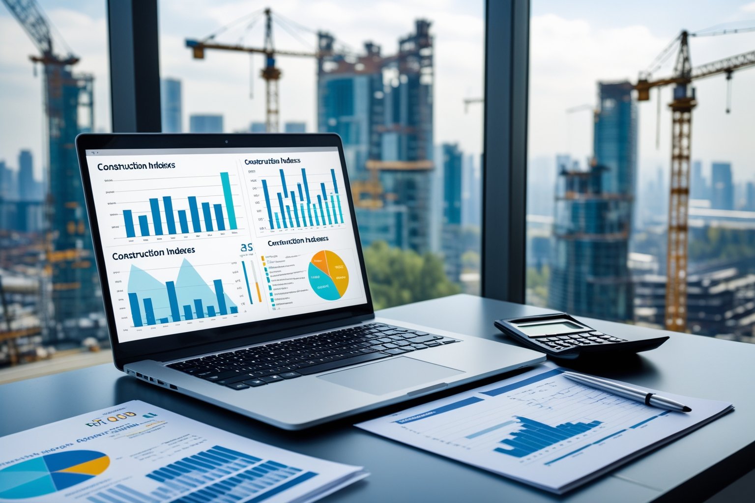 Un bureau moderne avec un ordinateur portable affichant des graphiques, des documents imprimés, une calculatrice, et une vue sur un chantier de construction en arrière-plan.