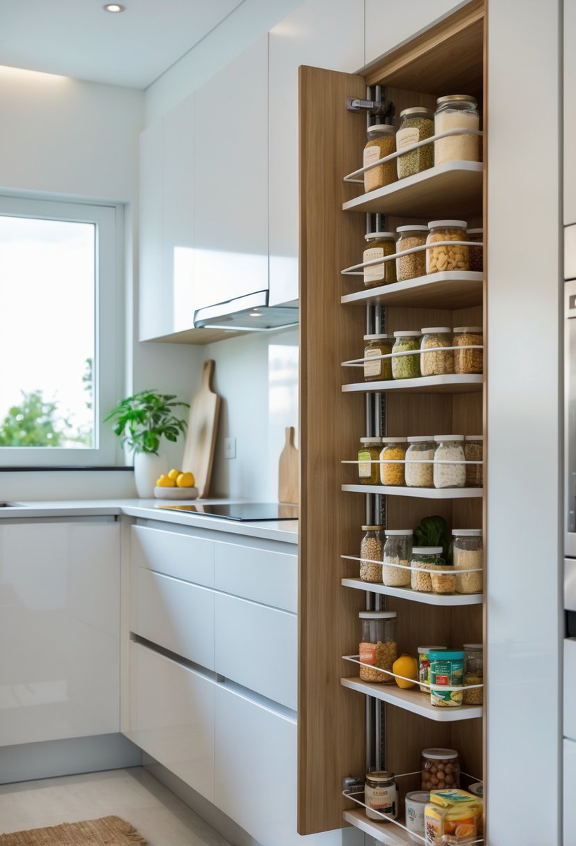 A small kitchen with pull-out pantry shelves extended, showing organized food items and kitchen supplies.