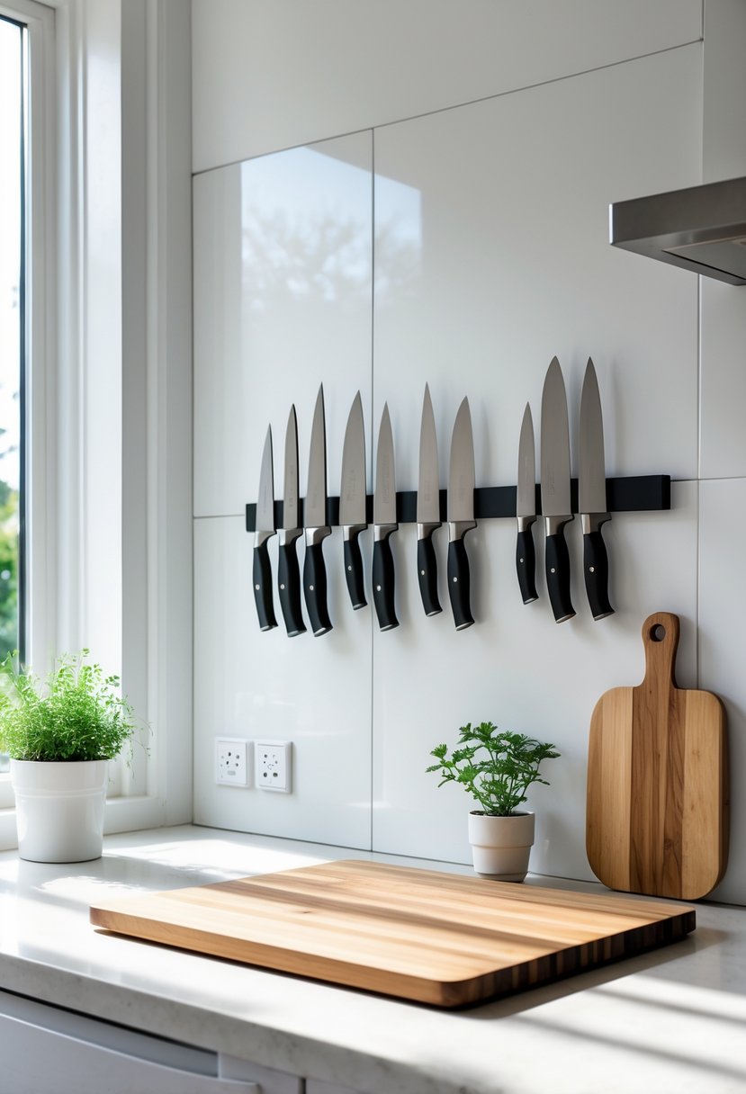 A small kitchen with a magnetic knife strip on the wall holding knives and a clear countertop with a cutting board and a small plant.