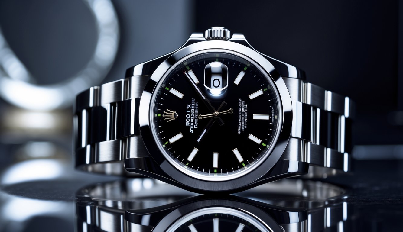 Sebuah jam tangan Rolex mewah berwarna hitam dengan tali logam, diletakkan di atas permukaan gelap yang memantulkan cahaya.