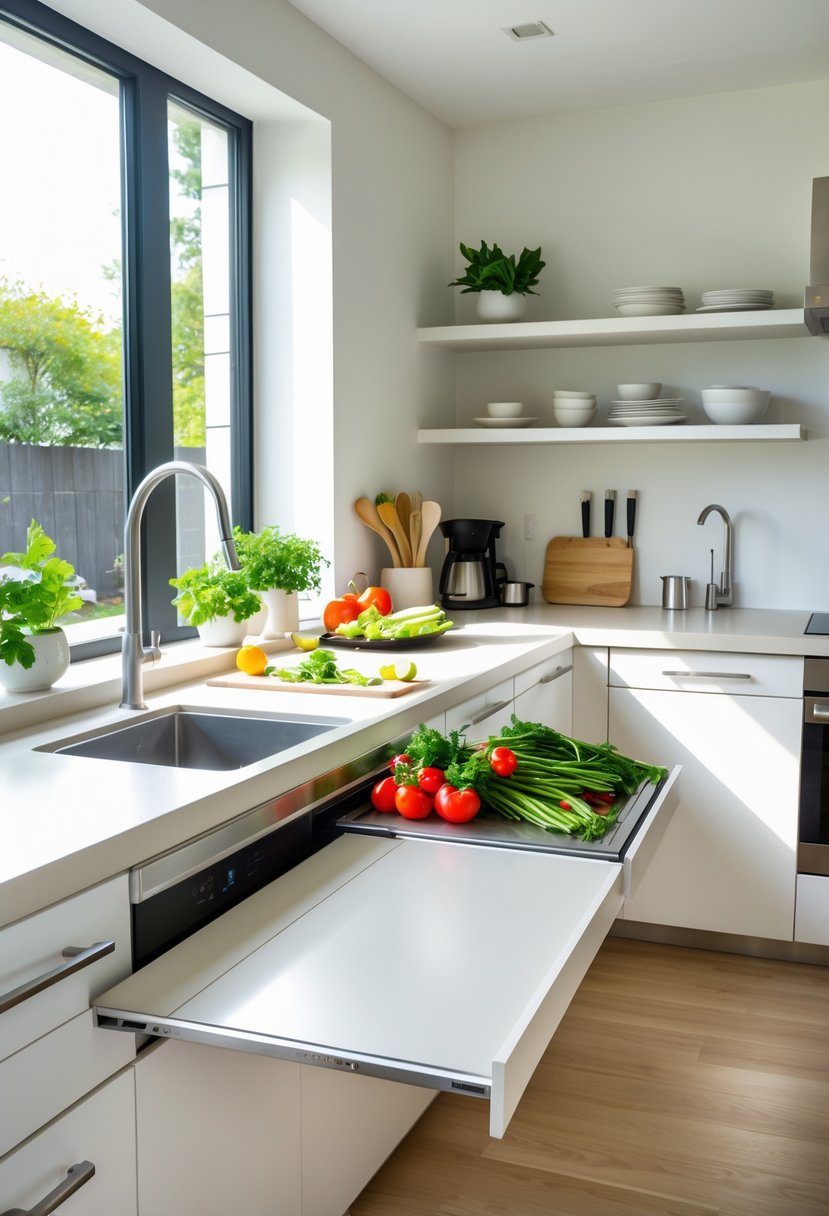 A small kitchen with an extended fold-down countertop used as extra prep space, showing fresh vegetables and cooking utensils.