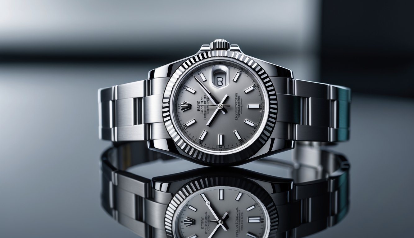 Foto jam tangan Rolex mewah terbaru diletakkan di atas permukaan hitam mengkilap dengan latar belakang minimalis.