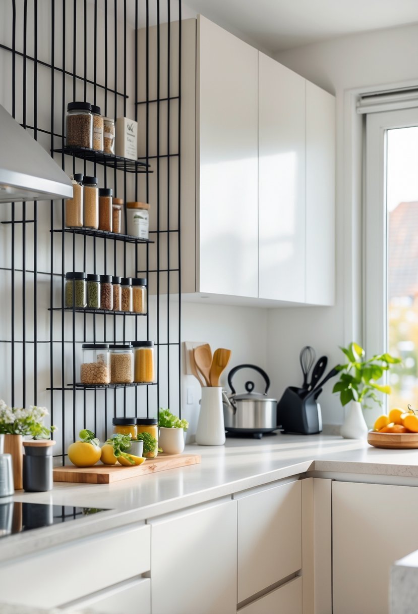 Small kitchen with vertical storage racks on the wall holding kitchen items, next to a countertop and cabinets.