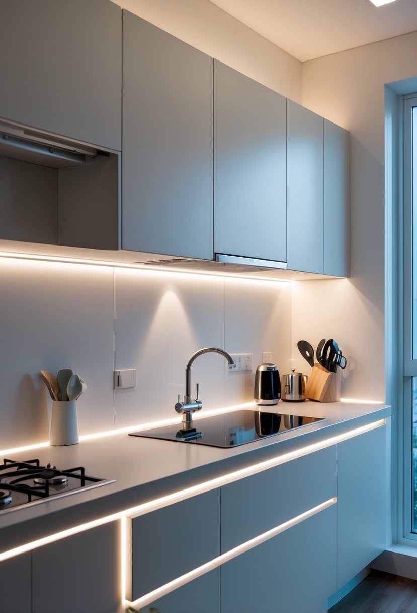 Small kitchen with under-cabinet lighting illuminating the countertop workspace.