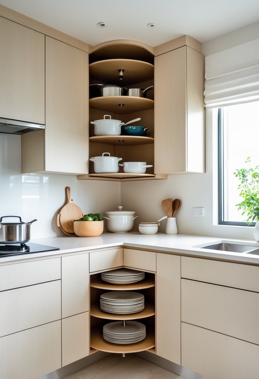 A small kitchen with corner carousel shelves inside a cabinet, showing organized pots and pans in the corner space.