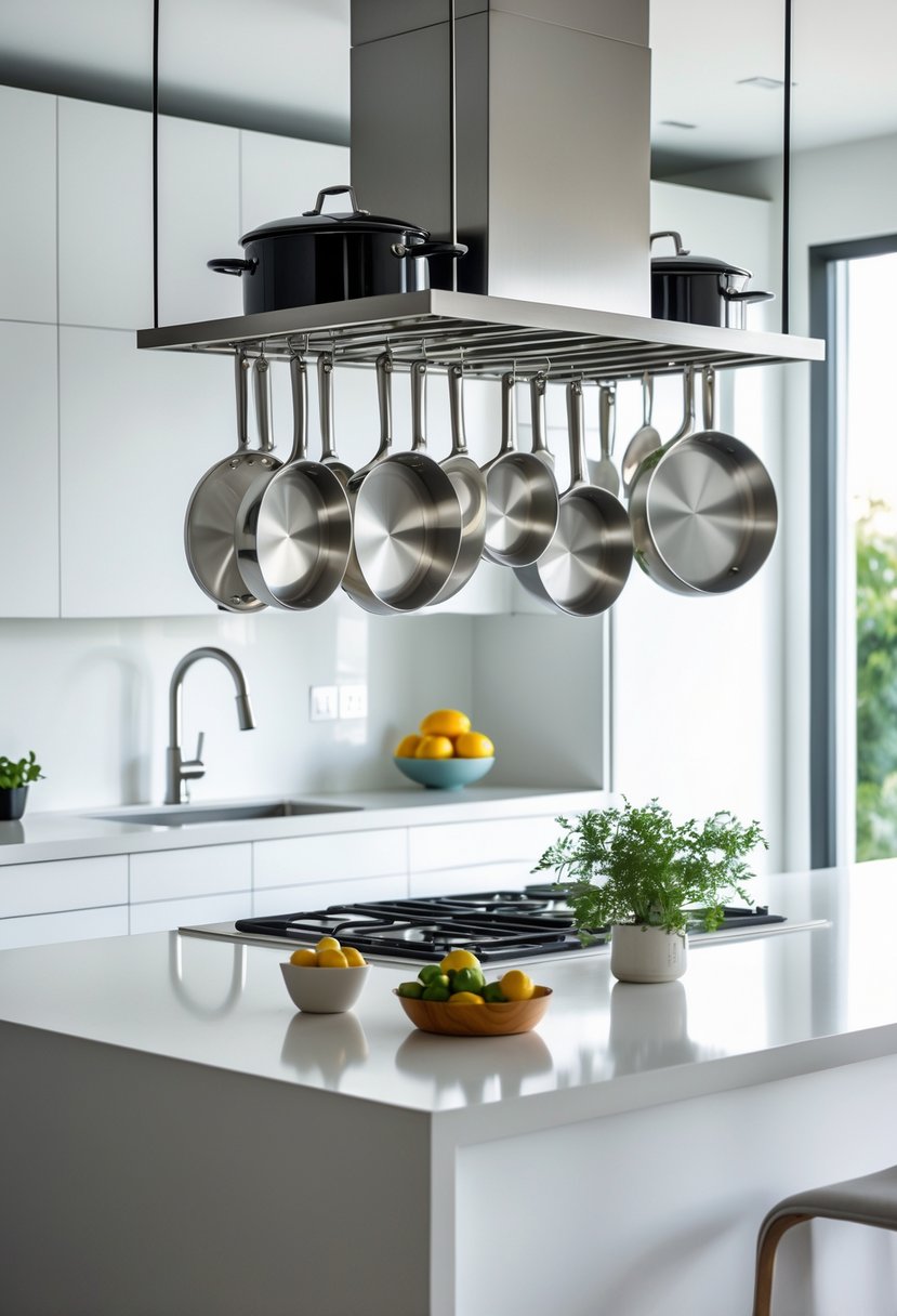A kitchen with a pot rack hanging above the island holding pots and pans, with a sink and cabinets in the background.