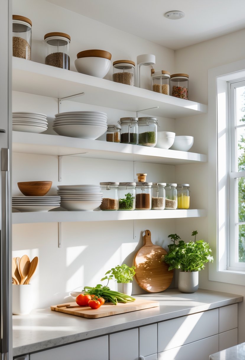 A small kitchen with open shelves holding dishes and jars, a clean countertop with vegetables, and natural light coming through a window.