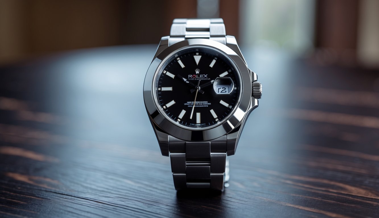 Foto jam tangan Rolex mewah diletakkan di atas permukaan kayu gelap dengan pencahayaan lembut yang menonjolkan detail jam.