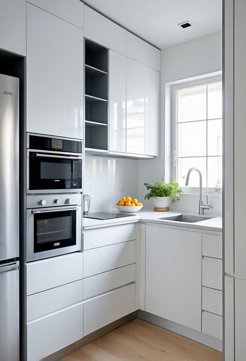A small kitchen with built-in oven, microwave, and refrigerator integrated into white cabinets, featuring a clean countertop and natural light.