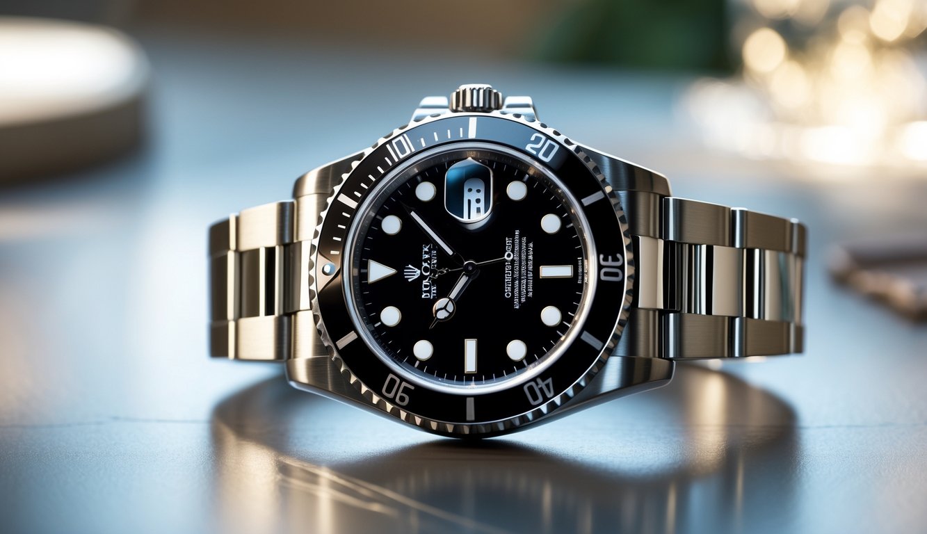 Sebuah jam tangan Rolex mewah berkualitas tinggi diletakkan di atas permukaan yang bersih dengan pencahayaan alami yang menyoroti detailnya.