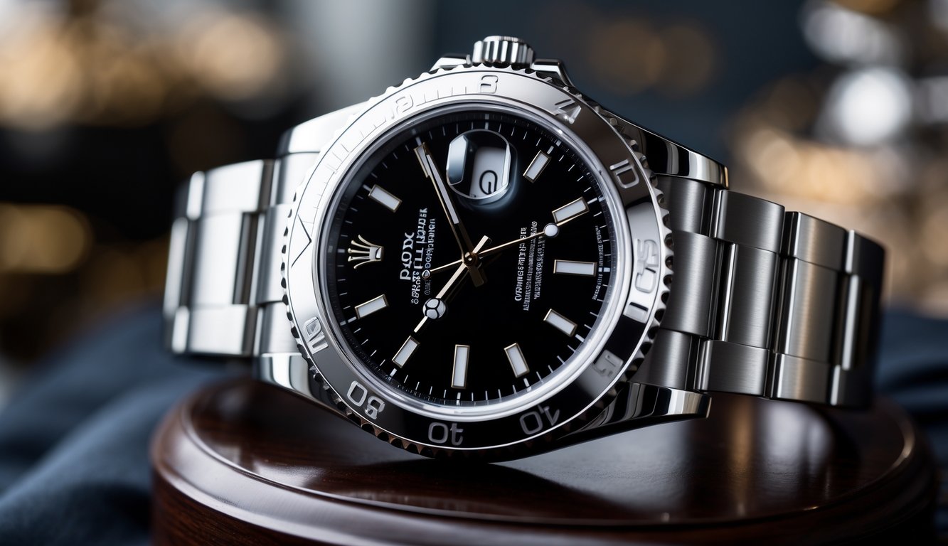 Sebuah jam tangan Rolex mewah diletakkan di atas permukaan kayu gelap yang halus.