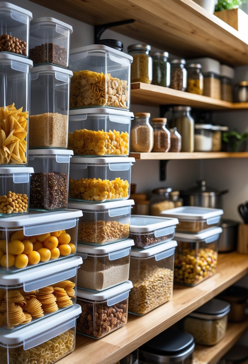 A pantry with clear, stackable storage containers neatly arranged on shelves, filled with various dry foods.
