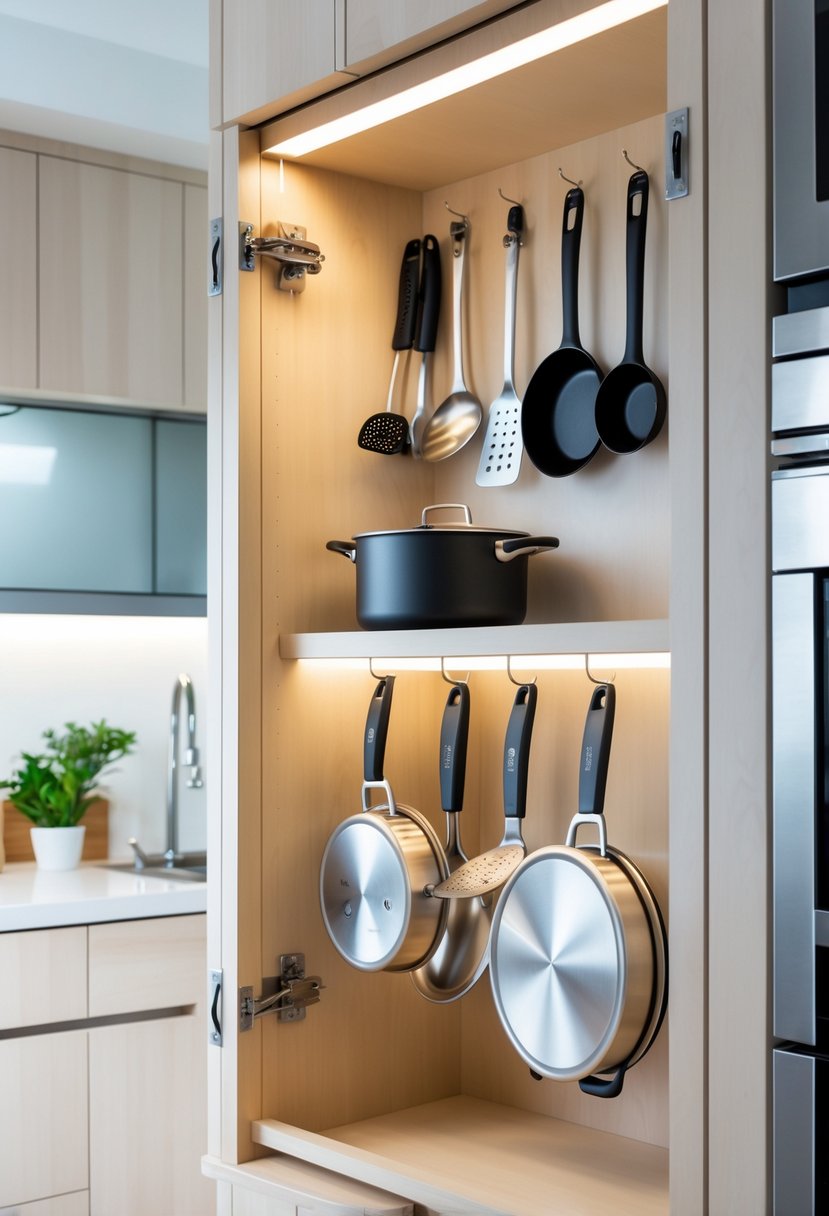 Open kitchen cabinet doors with hooks holding utensils and lids inside.