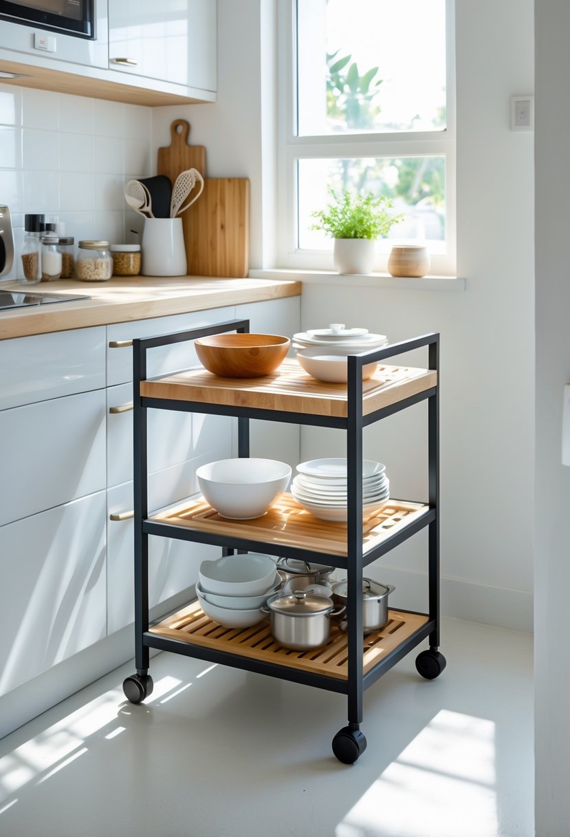 A small kitchen with a rolling cart tucked under the countertop, holding kitchen items and utensils.