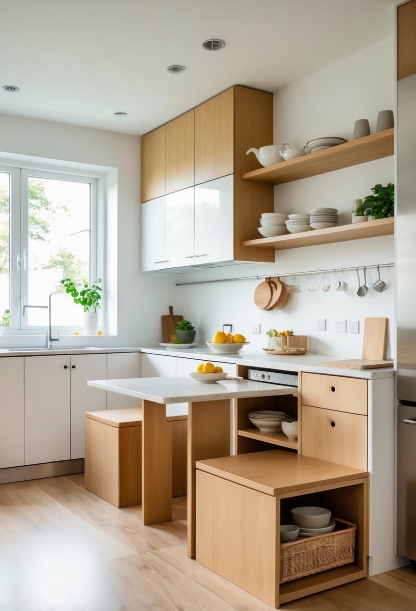 A small kitchen with a bench that has built-in storage, showing an organized and space-saving setup.