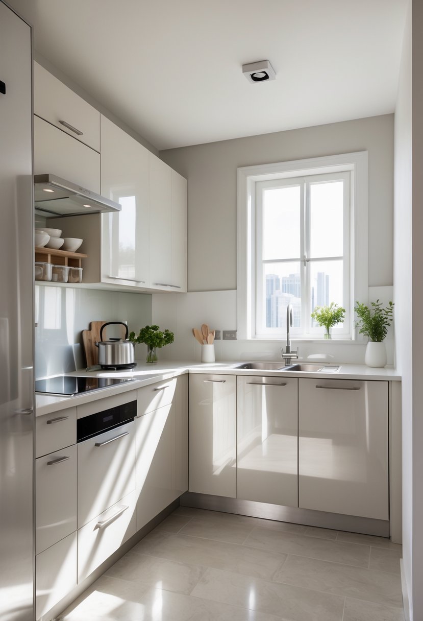 A small kitchen with light-colored cabinets and bright natural light creating a spacious feel.