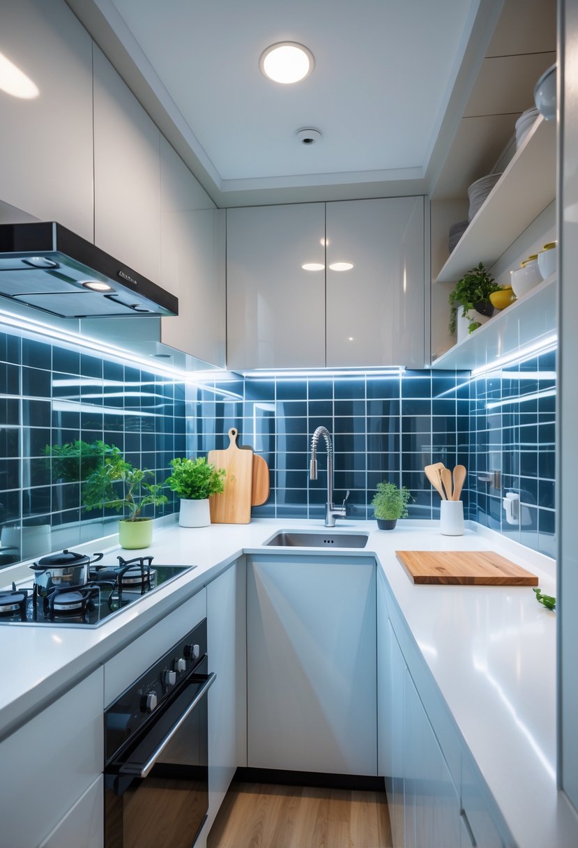 A small kitchen with a shiny reflective tile backsplash, compact cabinets, and a clean countertop with kitchen accessories.