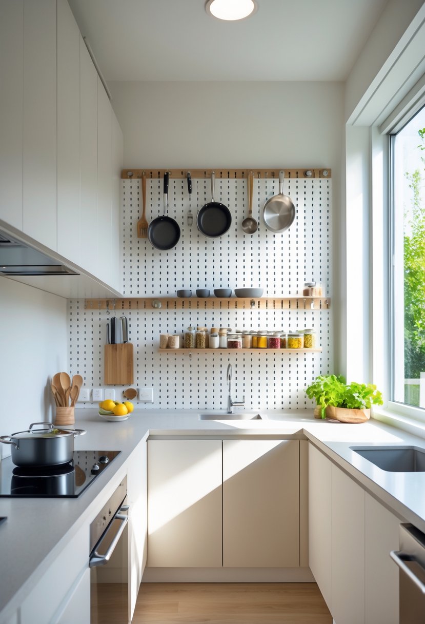 Small kitchen with a pegboard on the wall holding kitchen utensils and storage shelves, showing an organized and space-saving setup.