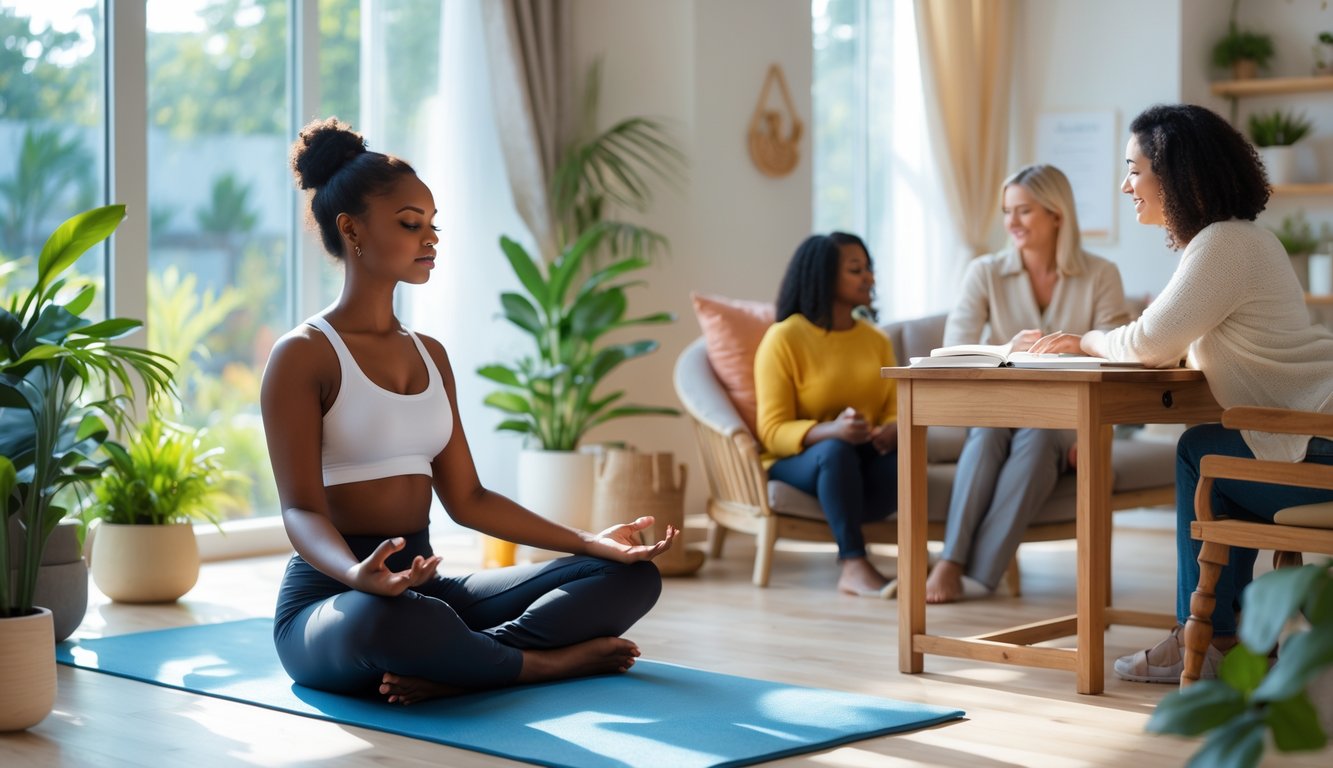 Beberapa orang melakukan aktivitas menjaga kesehatan mental seperti meditasi, menulis jurnal, dan berbicara dengan terapis di ruangan yang tenang dan nyaman.