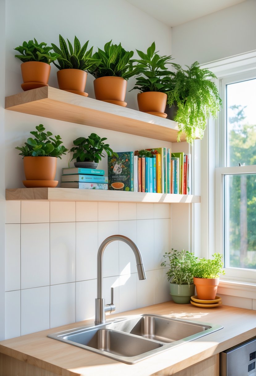 Small kitchen with floating shelves above the sink holding plants and cookbooks.