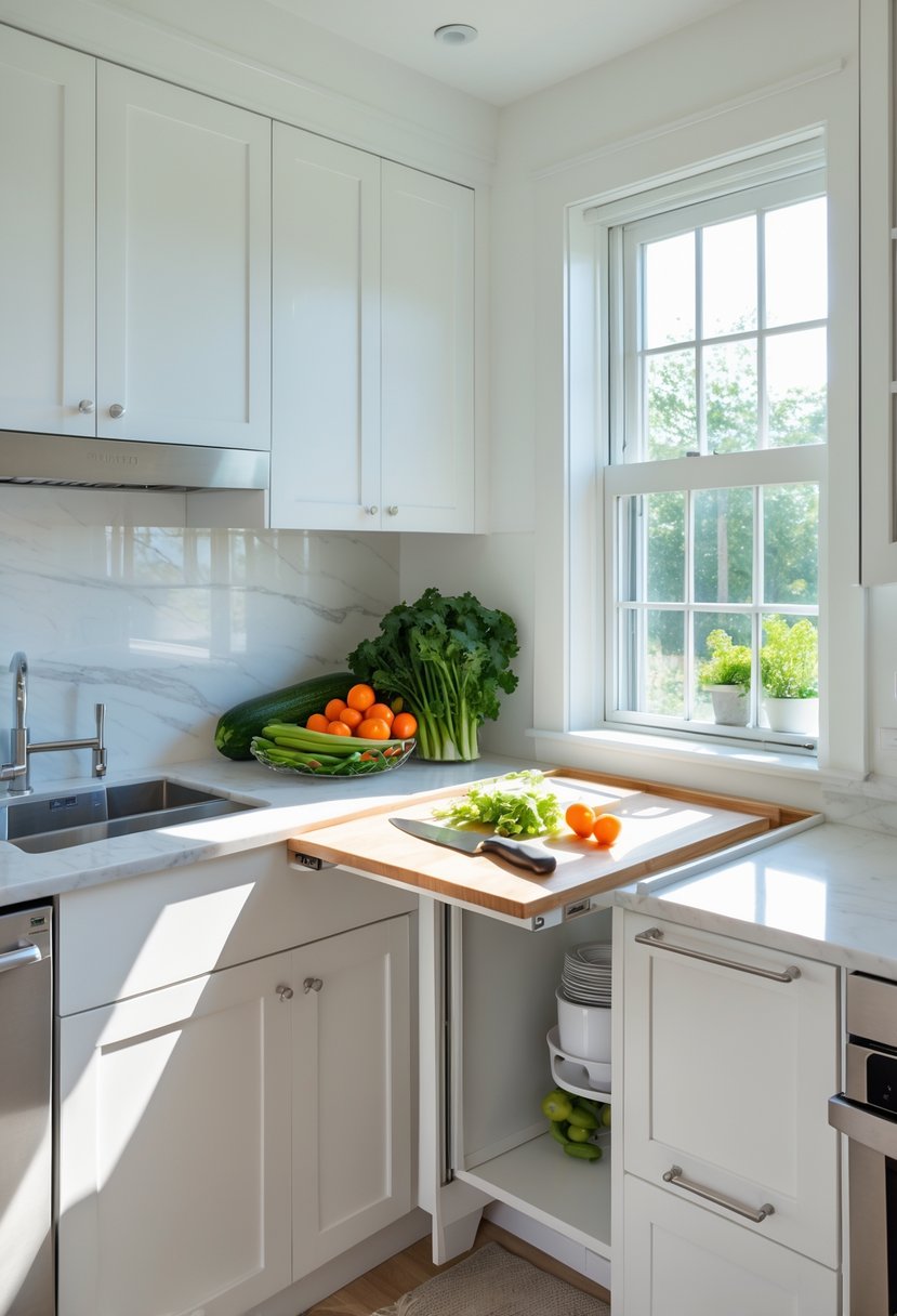A small kitchen with a pull-out cutting board extended from the countertop holding fresh vegetables and a knife.