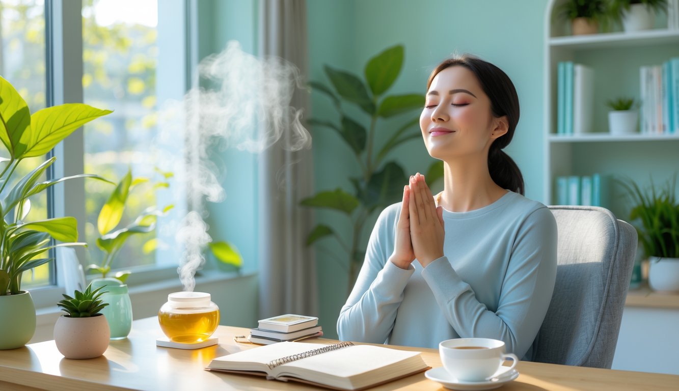 Seorang wanita muda duduk santai di kursi dekat jendela dengan tanaman di sekitar, menikmati momen tenang sambil bermeditasi dan menulis di jurnal di meja depan.