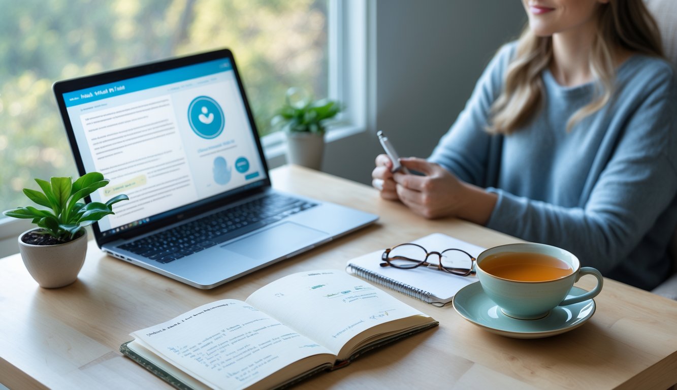 Seseorang duduk di kursi nyaman di dekat meja dengan laptop, buku catatan, dan tanaman kecil, suasana tenang dan nyaman untuk panduan kesehatan mental pemula.