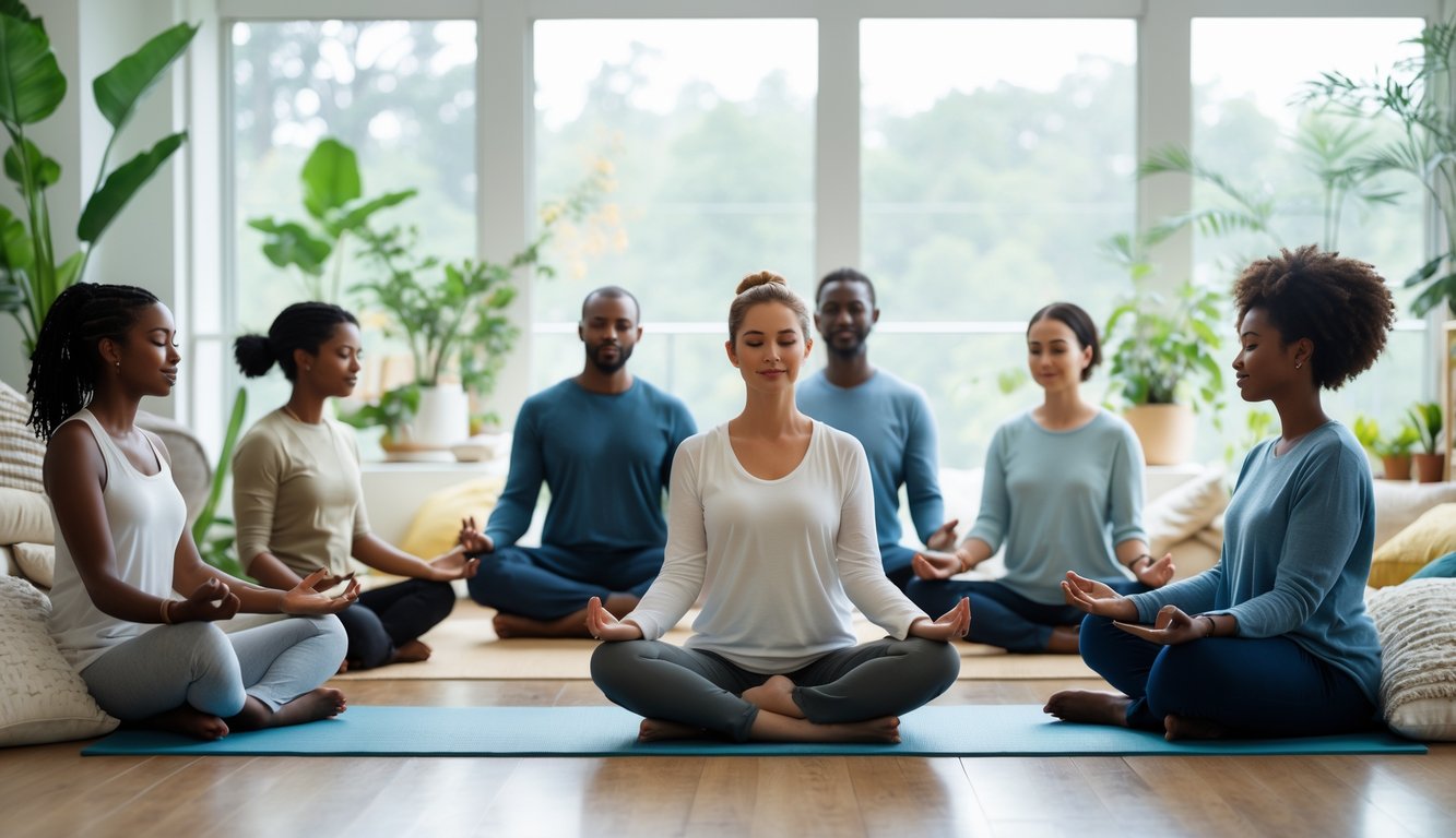 Sekelompok orang beragam sedang melakukan aktivitas yang mendukung kesehatan mental dan kesejahteraan dalam ruangan yang terang dan nyaman.