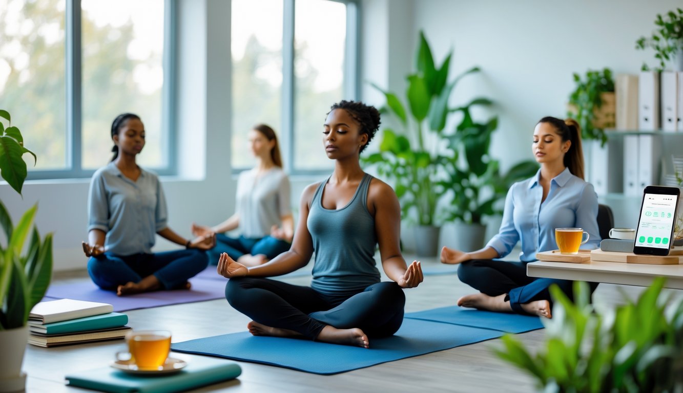 Orang-orang di kantor modern sedang melakukan teknik mengelola stres seperti meditasi dan latihan pernapasan dengan suasana tenang dan tanaman hijau di sekitar.